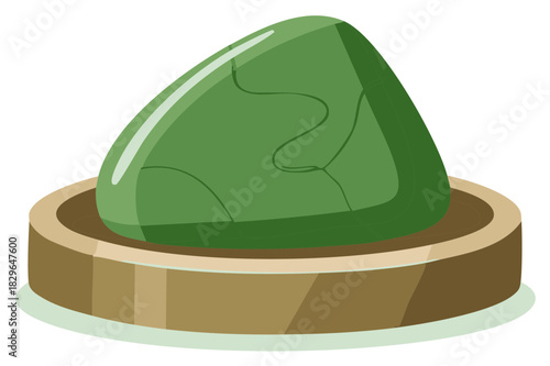 Smooth green jade gemstone on a wooden display stand vector illustration