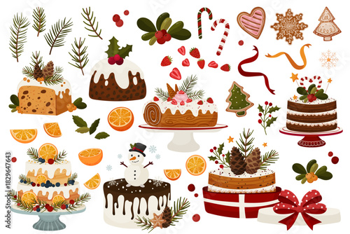 Festive Christmas Bakery Collection consist of cakes, cookies, candy canes, berries, oranges, pine branches, ribbons and holiday decorations