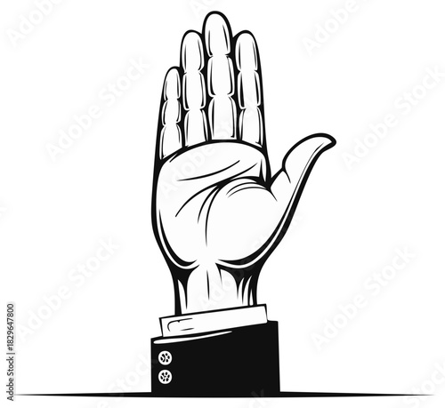 Stylized Open Hand Gesturing Stop or High Five Gesture Black and White Vector Illustration
