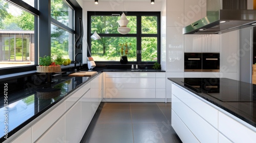 Wallpaper Mural Modern minimalist kitchen design with natural light, sleek cabinets, and black countertops in contemporary home interior Torontodigital.ca