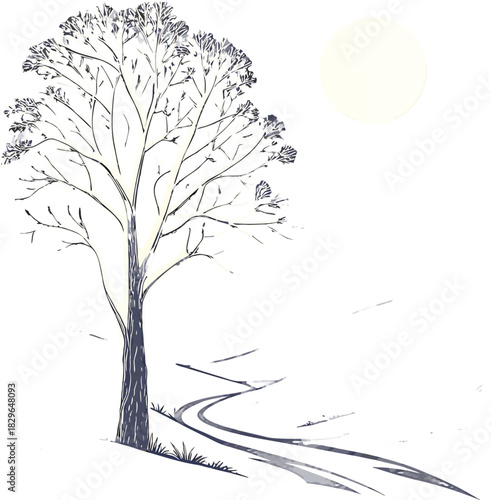 Serene winter landscape with a lonely tree bathed in moonlight, perfect for conveying tranquility and peaceful solitude in your creative projects
