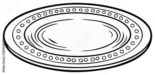 A simple black and white line drawing of an empty oval platter with a decorative beaded rim