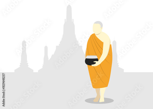 Buddhist Monk with Alms Bowl at Thai Temple Silhouette in background. Concept for religion and buddhism.