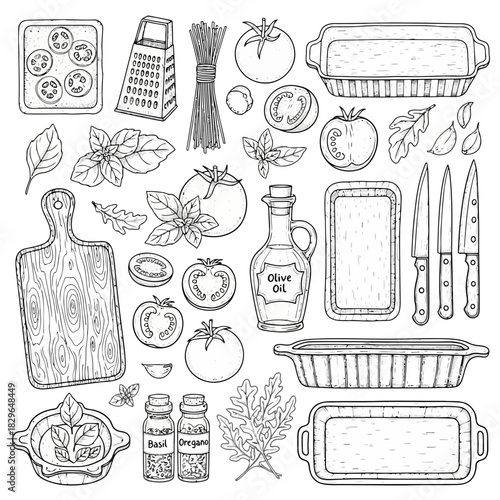 A collection of various kitchen utensils and ingredients drawn in a sketchy style isolated on
