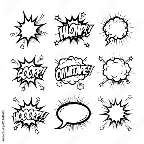 Collection of nine comic book sound effect speech bubbles with various shapes and exclamations