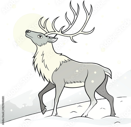 Magical reindeer gazes at the moon in a whimsical winter wonderland scene perfect for holiday storybooks and festive designs, bringing joyful cheer