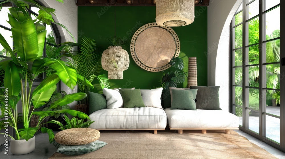 Fototapeta premium Cozy Living Room Interior Design with Green Accents and Natural Textures in a Modern Tropical Style