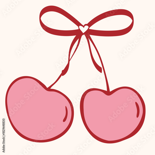 Hand drawn style illustration of two pink heart shaped cherries tied together with a red ribbon and small heart. Versatile doodle element perfect for romance, , wedding, food, and affection designs