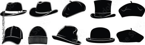 Stylized silhouette collection of various hats and headwear on white background