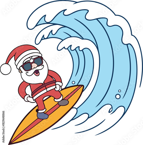 Santa Claus catches a big wave surfing in the ocean, a fun and festive holiday design for Christmas promotions and tropical vacation themes
