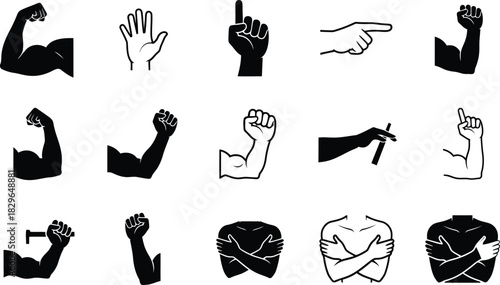 Collection of hand and arm gestures in black and white vector illustrations