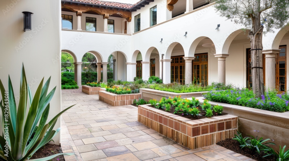 Fototapeta premium Tranquil courtyard with lush greenery and elegant architecture in a serene setting