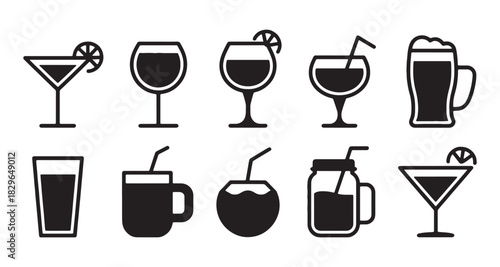 Minimalist Icon Set of Various Drinks and Beverages Vector Illustration