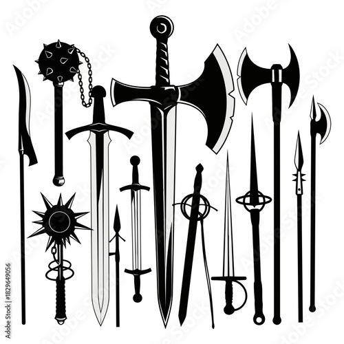 Collection of medieval weapons including swords, axes, and spears, illustrated in black and white