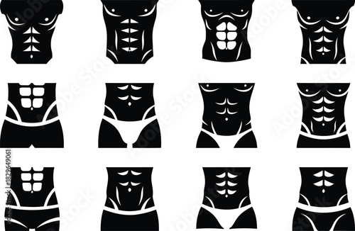 Set of black and white male torso icons with defined abs
