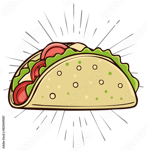 Vibrant Taco Graphic with Fresh Tomatoes and Lettuce for Menu Design and Promotion