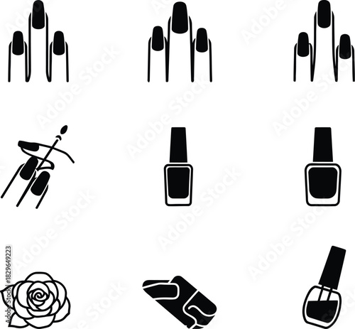 Nail salon icons set manicure nail polish hands and rose illustrations