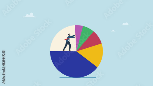 Smart businessman standing on pie chart pushing allocation to the best performance position. Business analysis, investment asset allocation or economic statistic.