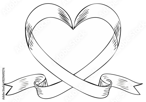 Hand drawn heart shaped ribbon banner outline graphic for love and romance designs