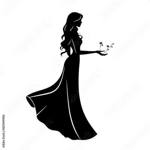 “A stylized black silhouette of a graceful woman in profile, standing against a pure white background, wearing a flowing floor-length gown. Her long wavy hair cascades down her back, and delicate flor