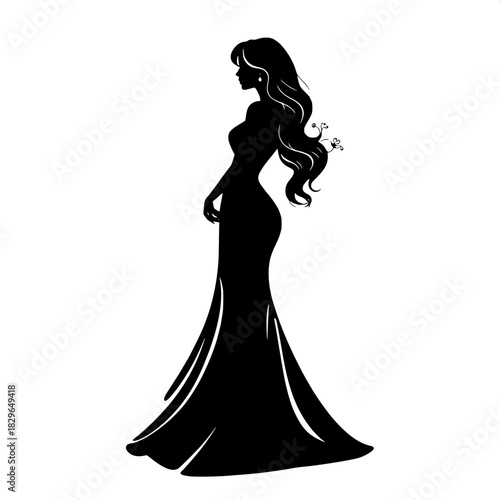 “A stylized black silhouette of a graceful woman in profile, standing against a pure white background, wearing a flowing floor-length gown. Her long wavy hair cascades down her back, and delicate flor