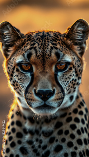 A cheetah's face, adorned with brown and black spots, is captured in a close-up shot, highlighting its striking orange eyes and powerful gaze.