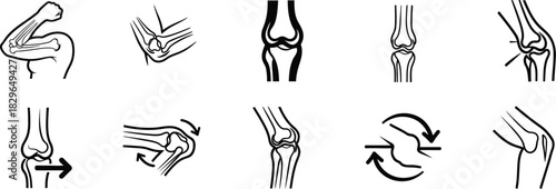 Black and white line art depicting various human joint movements and anatomy