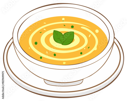 Cozy Bowl of Creamy Orange Soup Garnished with Fresh Basil Leaves and Swirls