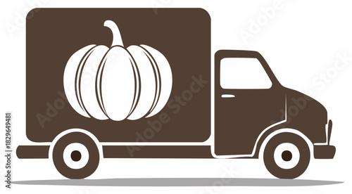 Stylized Brown Truck Carrying White Pumpkin Harvest Symbol of Fall Season