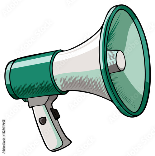 Green and White Megaphone Cartoon Illustration with Bold Outline and Textured Shading Promotes Announcement