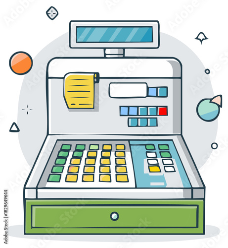 Cash Register Machine with Receipt and Buttons for Financial Transactions