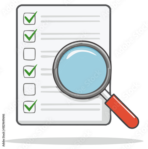 Magnifying glass reviewing a checklist illustration for quality control, audit, or inspection concepts