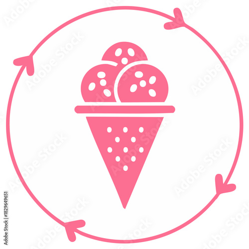 Stylized pink ice cream cone with three scoops rotating within a circular arrow loop for summer treats concept