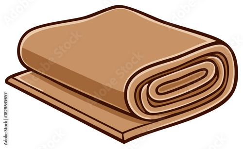 Cartoon illustration of a rolled up blanket. Warm brown tones. Cozy design.
