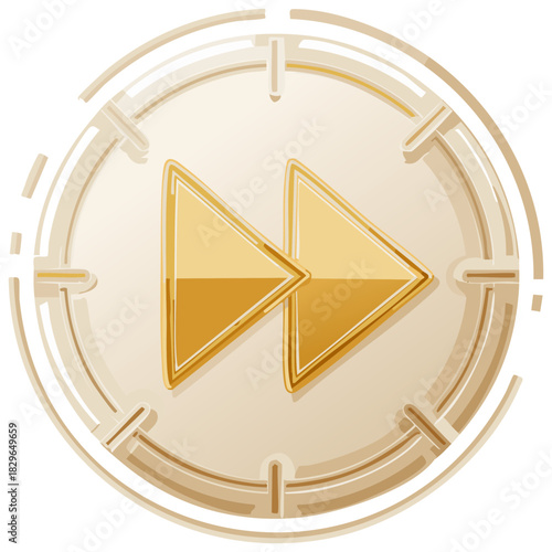 Retro Fast Forward Icon with Golden Arrows in a Circular Button for Progress, Speed, and Movement Concepts