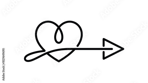A minimalist line drawing of a heart shape connected to an arrow on a plain white background design