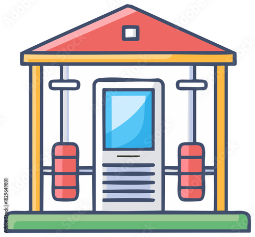 Cartoon illustration of a colorful fitness equipment in a building with a red roof