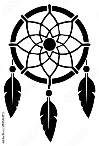 Stylized Native American Dream Catcher with Feathers and Geometric Web Design