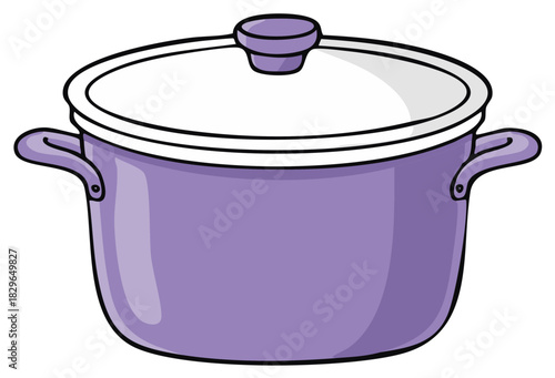 Purple cooking pot with white lid and handles in cartoon style