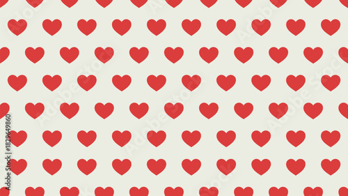 A repeating pattern of red hearts arranged in rows on a light beige or off white colored background
