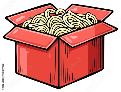 Cartoon Illustration of an Open Red Cardboard Box Full of Noodles