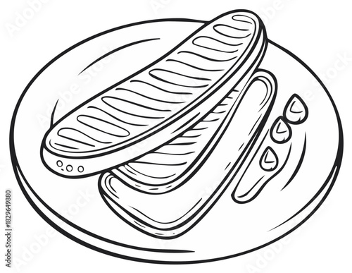 Hand drawn sketch of grilled sausages with mustard sauce on a plate