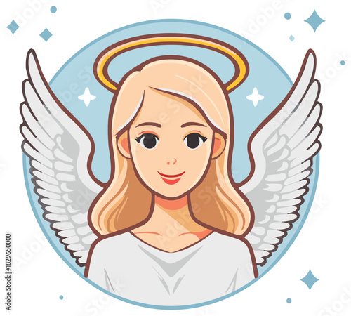 Cartoon Angel Illustration featuring a blonde haired woman with wings and a halo in front of a light blue circle