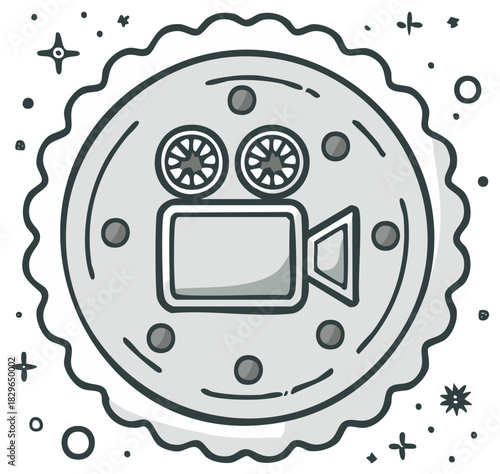 Cartoon retro movie camera icon in a decorative circle
