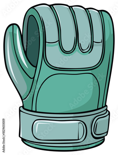 Cartoon illustration of a green padded sports glove with a protective wrist strap
