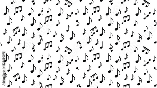 A repeating pattern of black musical notes scattered across a white background in various orientations