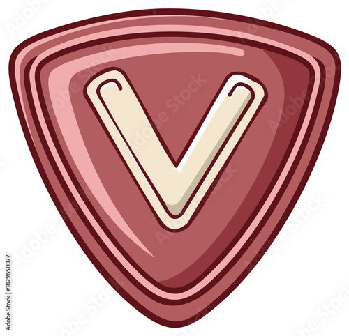 Glossy shield emblem with stylized V letter inside for security or victory concept