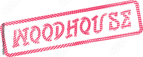 Woodhouse Term Text in Distressed Pink Dotted Rectangle Stamp Graphic Asset