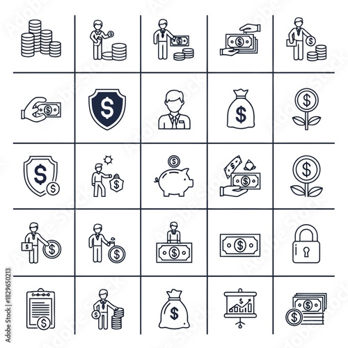 Set of 36 icons representing various financial and business concepts such as money, banking, security, and investments