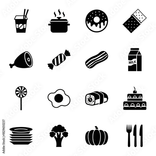 Collection of black and white food icons including pizza, vegetables, meat, and drinks